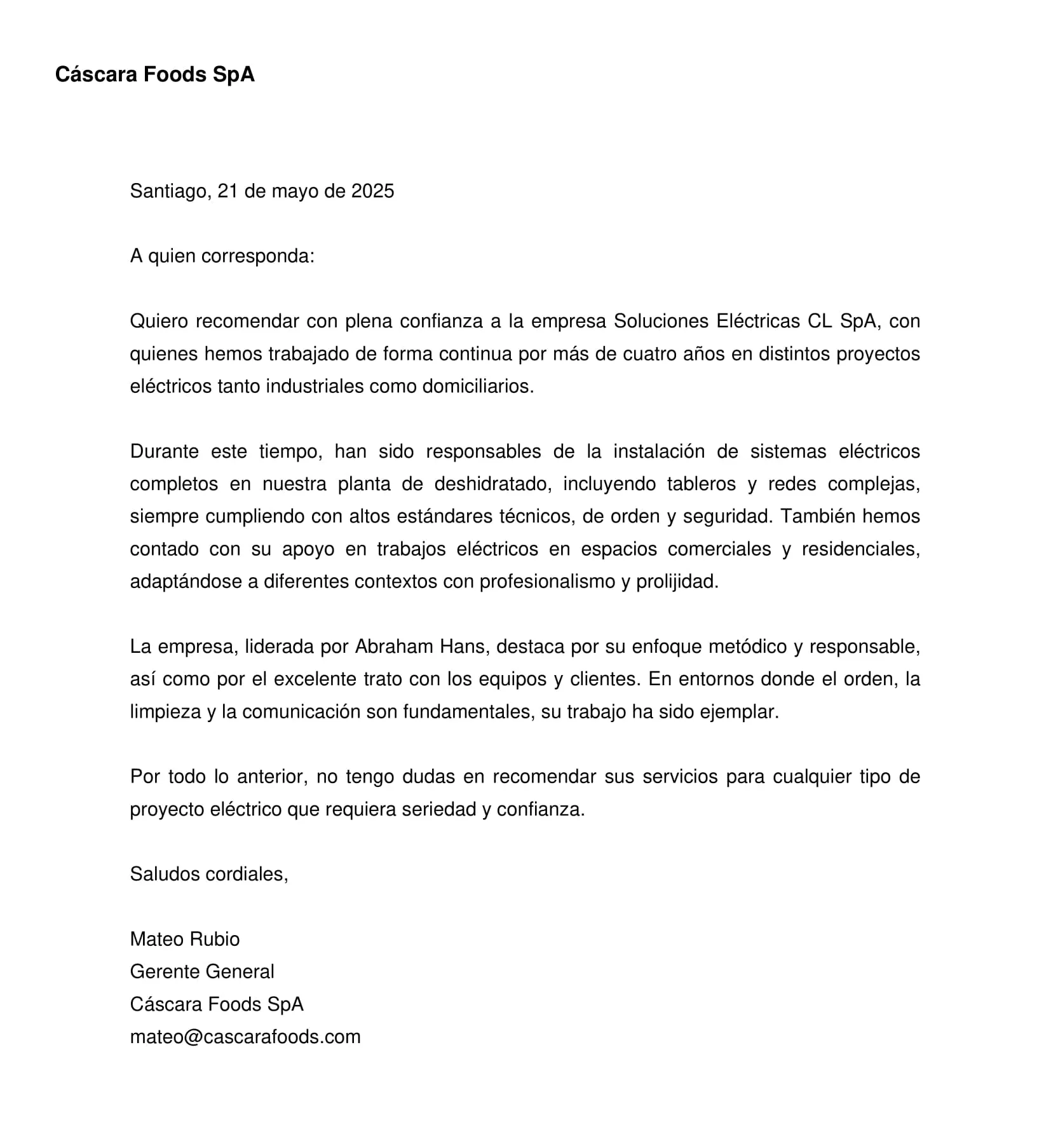 Carta de recomendación de Soluciones Eléctricas